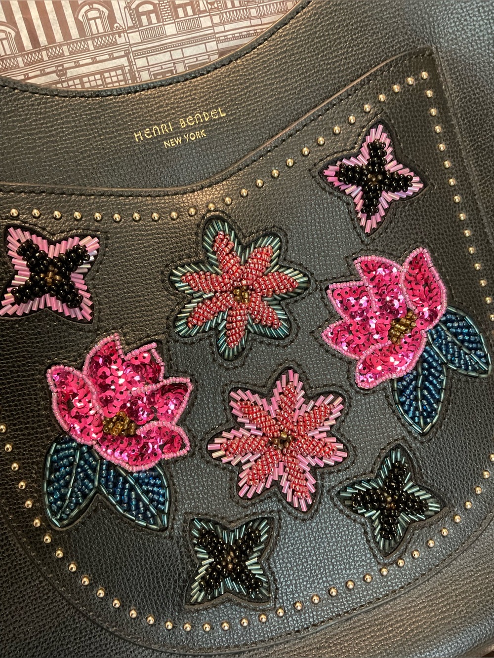 Henri Bendel West 57th Embellished Floral Appliqué Crossbody Hobo - Picture 3 of 16